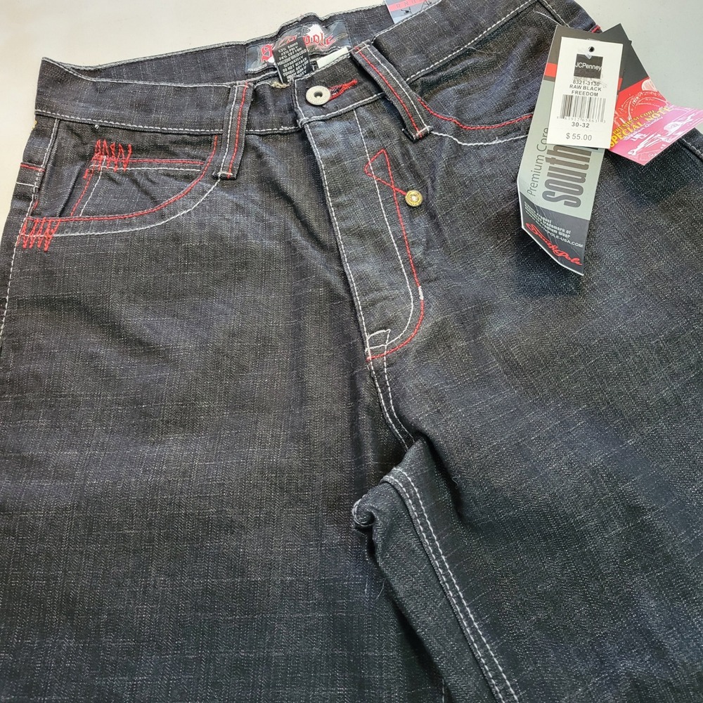 Vtg Southpole Mens Freedom Raw Black Rhinestone Skull Studded Baggy Jeans 30x32 - Picture 2 of 12